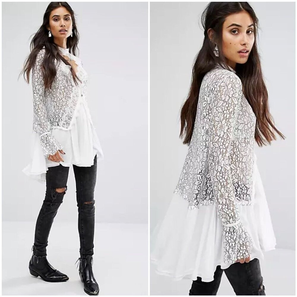 Free People Secret Origins Pieced Lace Choker Neck Tunic Dress White Size small